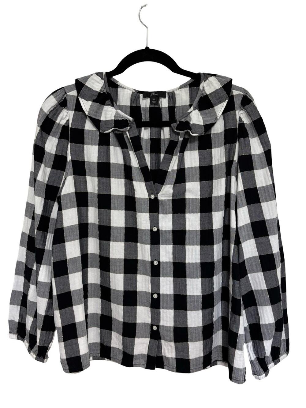 J. Crew Open V Neck Ruffle Blouse in Black and White Plaid - Size M